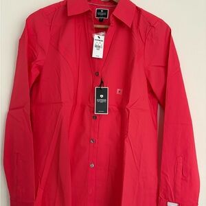 Express The Essential Shirt Bright Coral Red Women’s Button Down